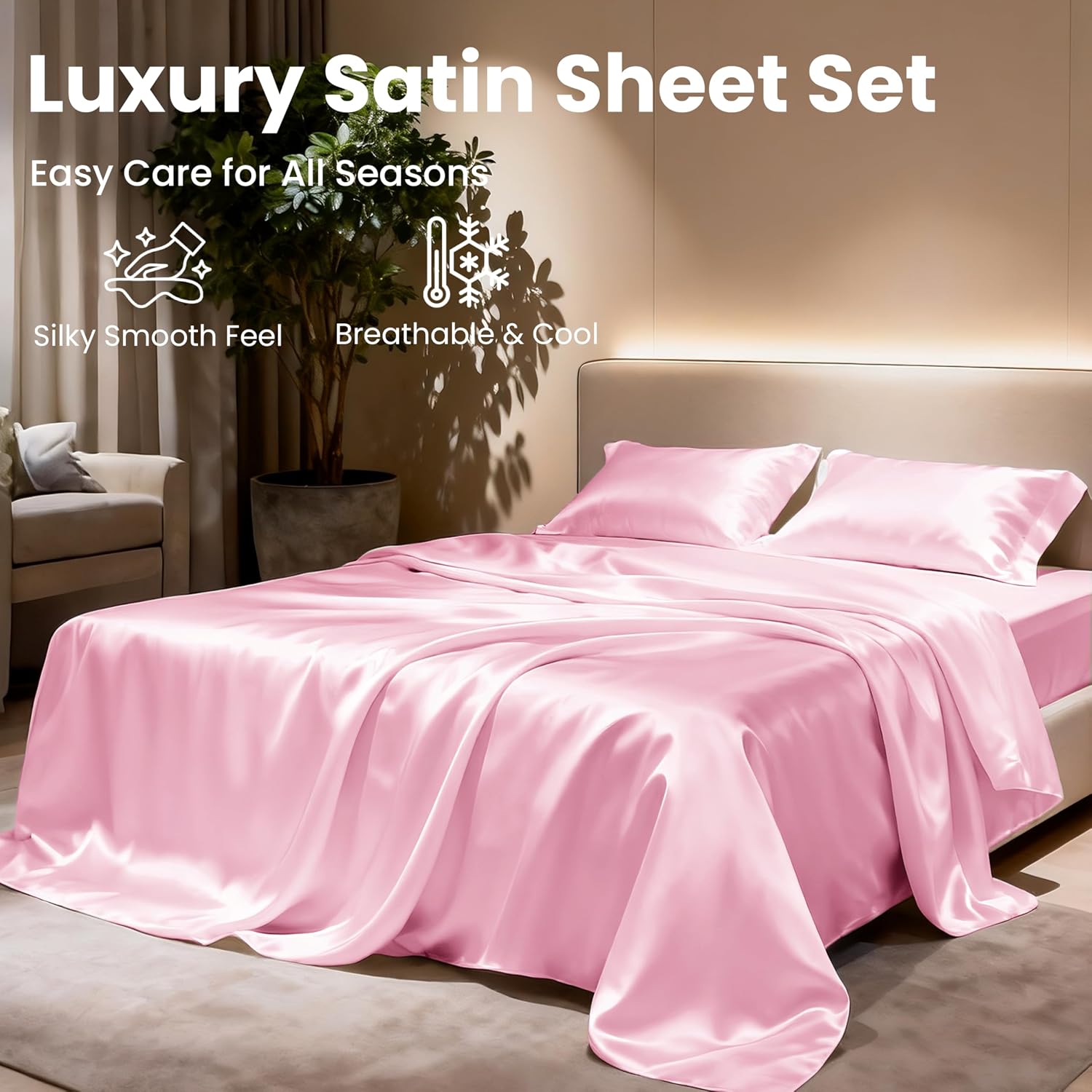 Love's cabin Satin Full Sheets Set, 4 Pieces, Ivory, 15" Deep Pocket | Luxury Silky Touch Bedding Set: Fitted Sheet, Flat Sheet & Pillowcases, Soft Smooth Silk Feel, All-Around Elastic Snug Fit - Image 8