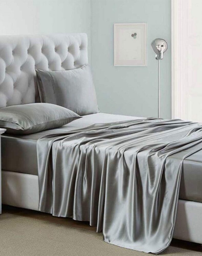 Silk like Satin Sheets, Queen Size Bed Sheet Set, Light Gray, 4 Piece | Deep Pocket, Soft Cooling Feel, 360-Degree Elastic & 4 Corner Straps, Skin & Hair Friendly, Hypoallergenic