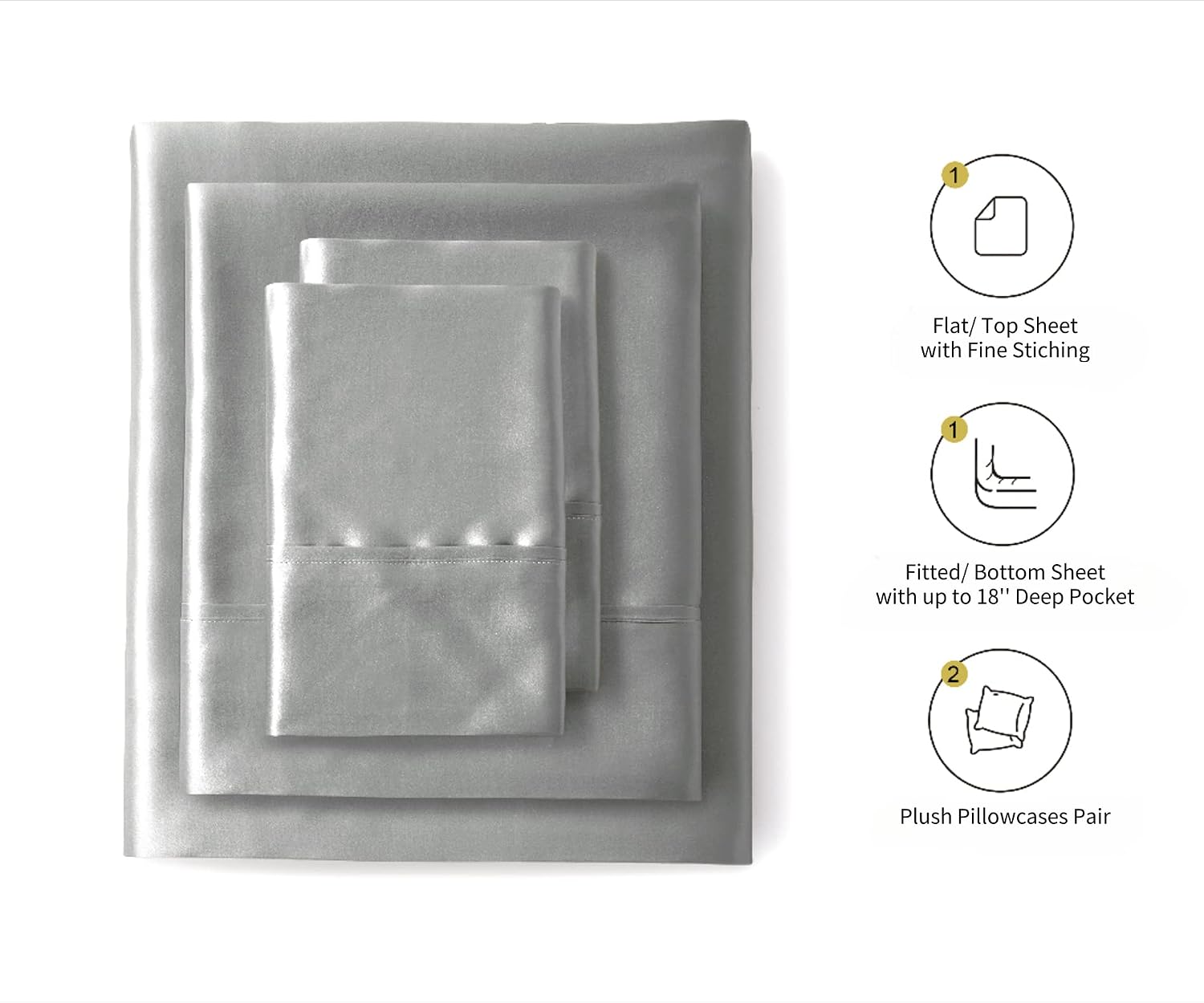 Silk like Satin Sheets, Queen Size Bed Sheet Set, Light Gray, 4 Piece | Deep Pocket, Soft Cooling Feel, 360-Degree Elastic & 4 Corner Straps, Skin & Hair Friendly, Hypoallergenic - Image 2
