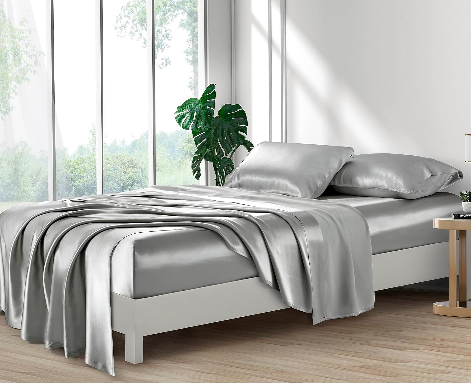 Silk like Satin Sheets, Queen Size Bed Sheet Set, Light Gray, 4 Piece | Deep Pocket, Soft Cooling Feel, 360-Degree Elastic & 4 Corner Straps, Skin & Hair Friendly, Hypoallergenic - Image 4
