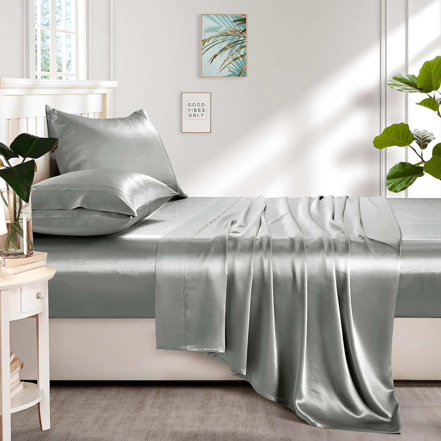 Silk like Satin Sheets, Queen Size Bed Sheet Set, Light Gray, 4 Piece | Deep Pocket, Soft Cooling Feel, 360-Degree Elastic & 4 Corner Straps, Skin & Hair Friendly, Hypoallergenic - Image 5