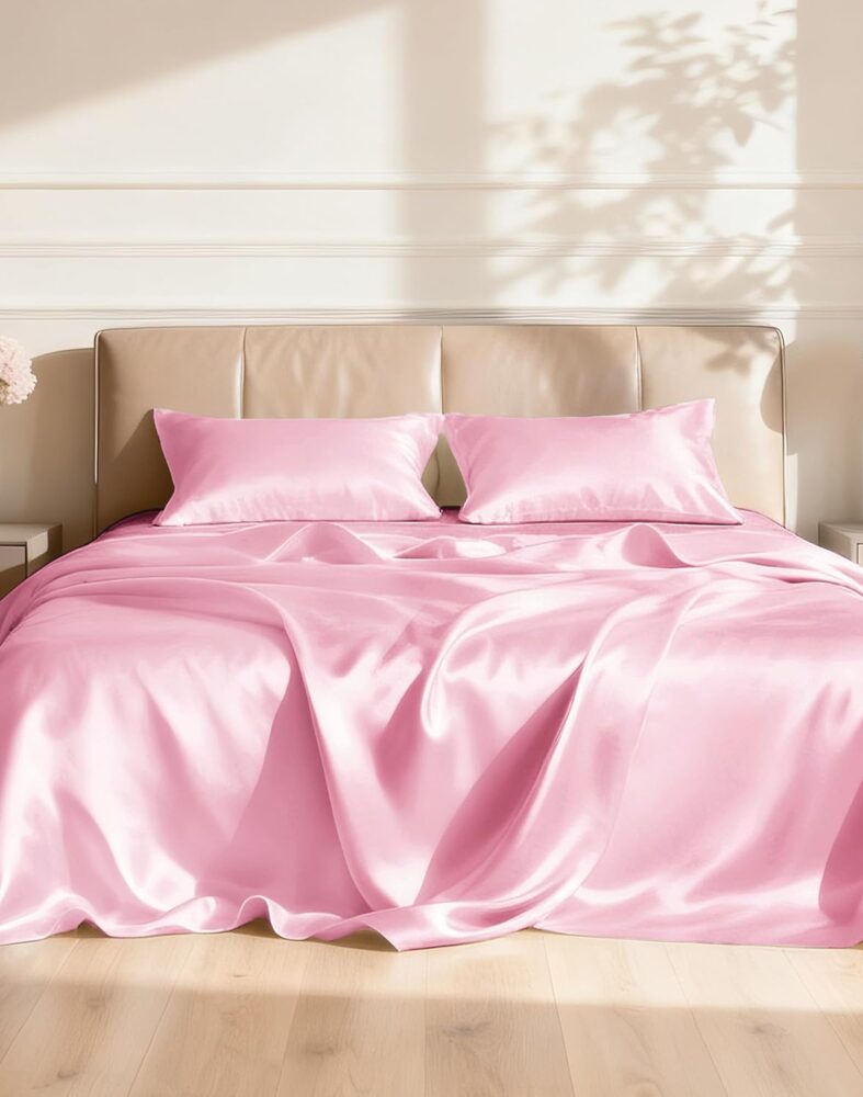 Love's cabin Satin Queen Sheets Set, 4 Pieces, Pink, 15" Deep Pocket | Luxury Silky Touch Bedding Set: Fitted Sheet, Flat Sheet & Pillowcases, Soft Smooth Silk Feel, All-Around Elastic Snug Fit