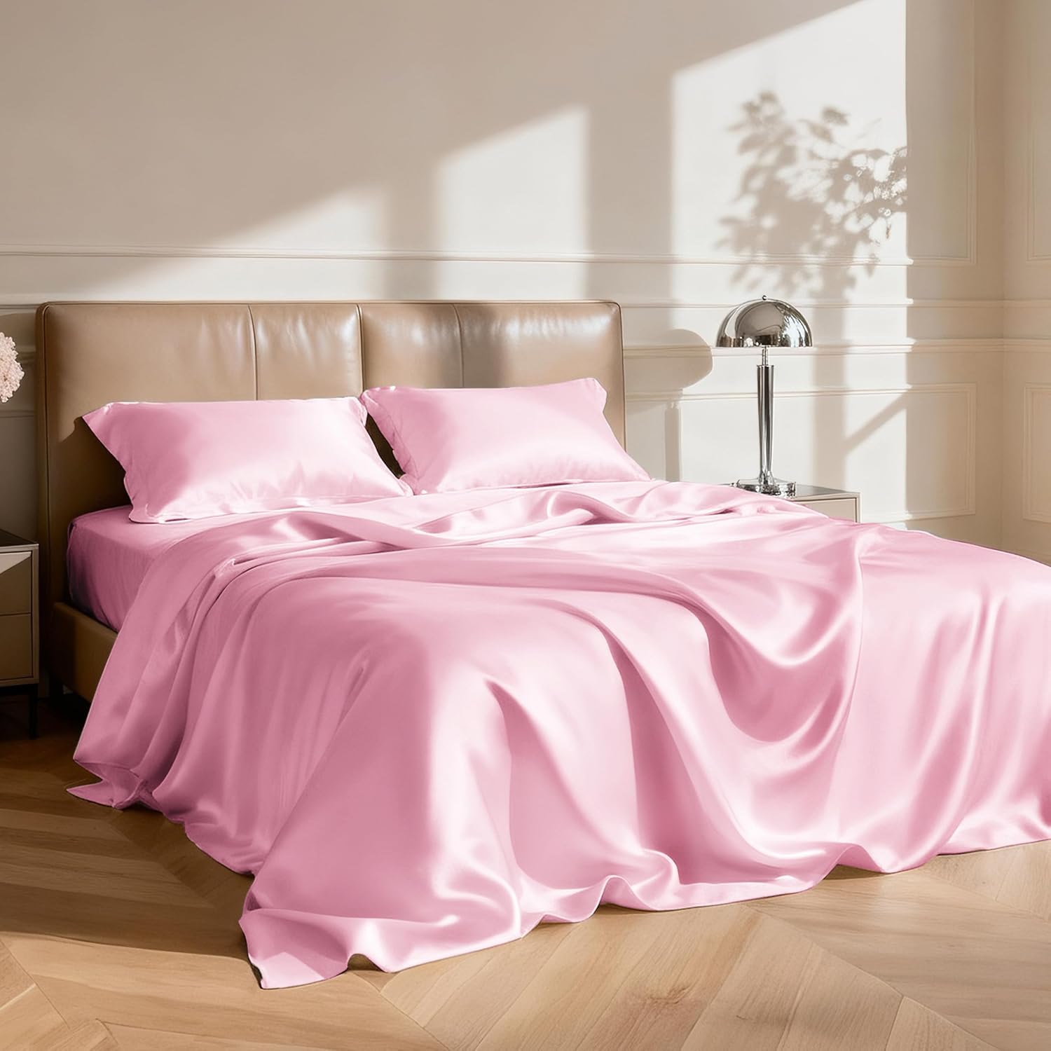 Love's cabin Satin Queen Sheets Set, 4 Pieces, Pink, 15" Deep Pocket | Luxury Silky Touch Bedding Set: Fitted Sheet, Flat Sheet & Pillowcases, Soft Smooth Silk Feel, All-Around Elastic Snug Fit - Image 2