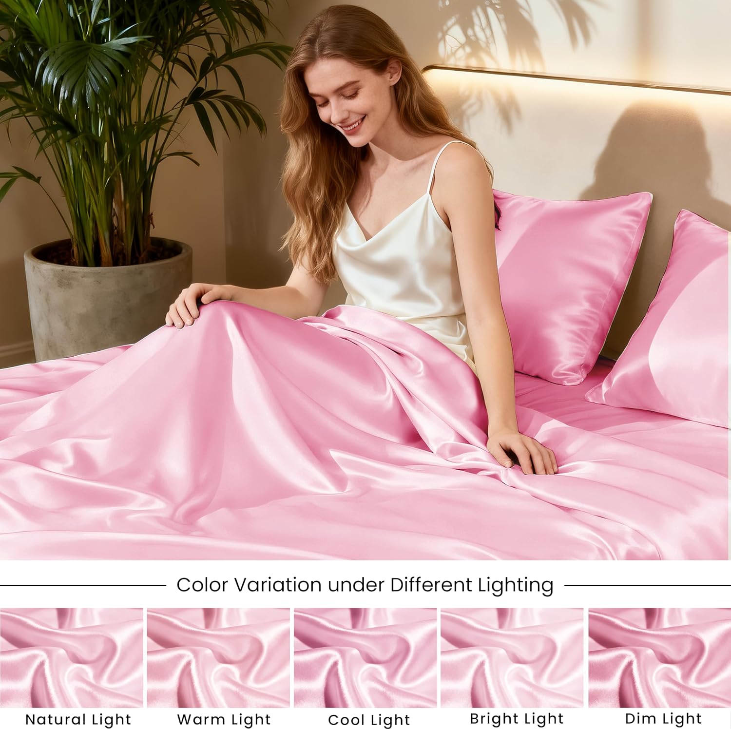 Love's cabin Satin Queen Sheets Set, 4 Pieces, Pink, 15" Deep Pocket | Luxury Silky Touch Bedding Set: Fitted Sheet, Flat Sheet & Pillowcases, Soft Smooth Silk Feel, All-Around Elastic Snug Fit - Image 7