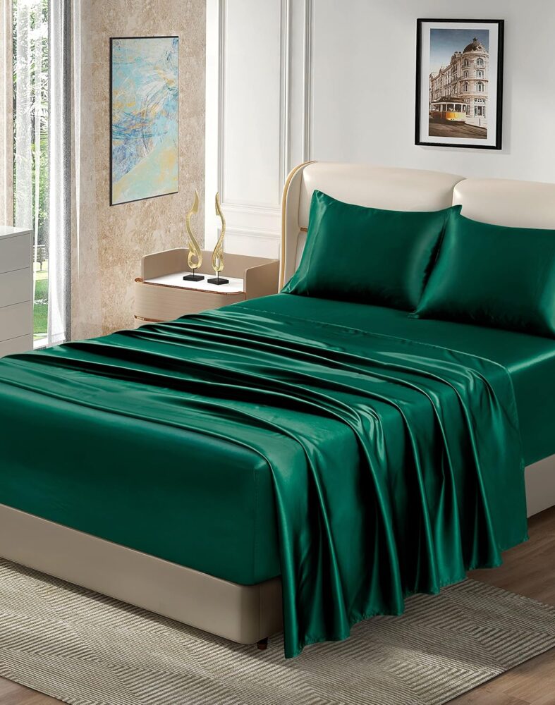 Homiest Queen Blackish Green Extra Deep Pocket Satin Sheets, 4-Piece | 18-24 Inch Pocket Depth, Silky Soft for Hair And Skin, Wrinkle And Fade Resistant, Machine Washable, Elegant Glossy Finish