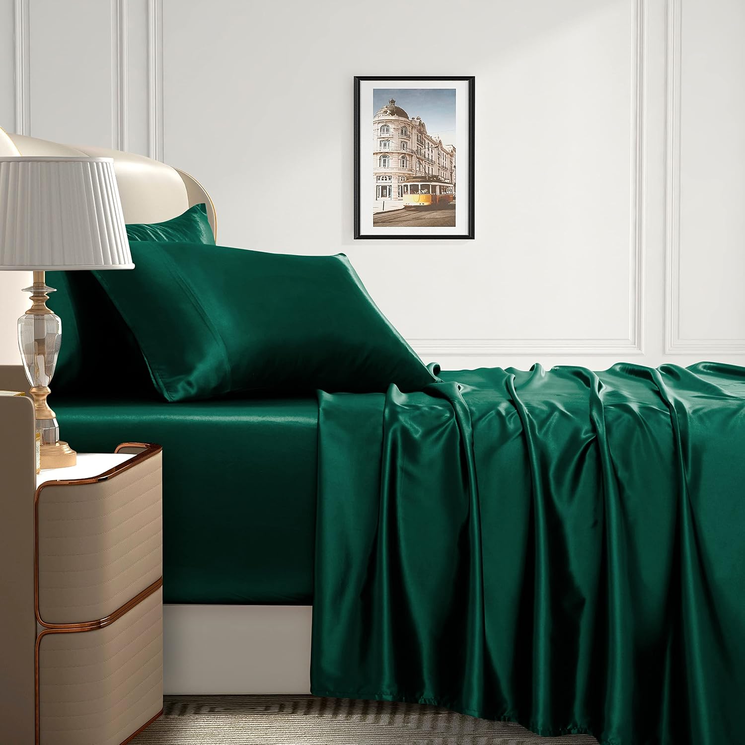 Homiest Queen Blackish Green Extra Deep Pocket Satin Sheets, 4-Piece | 18-24 Inch Pocket Depth, Silky Soft for Hair And Skin, Wrinkle And Fade Resistant, Machine Washable, Elegant Glossy Finish - Image 3