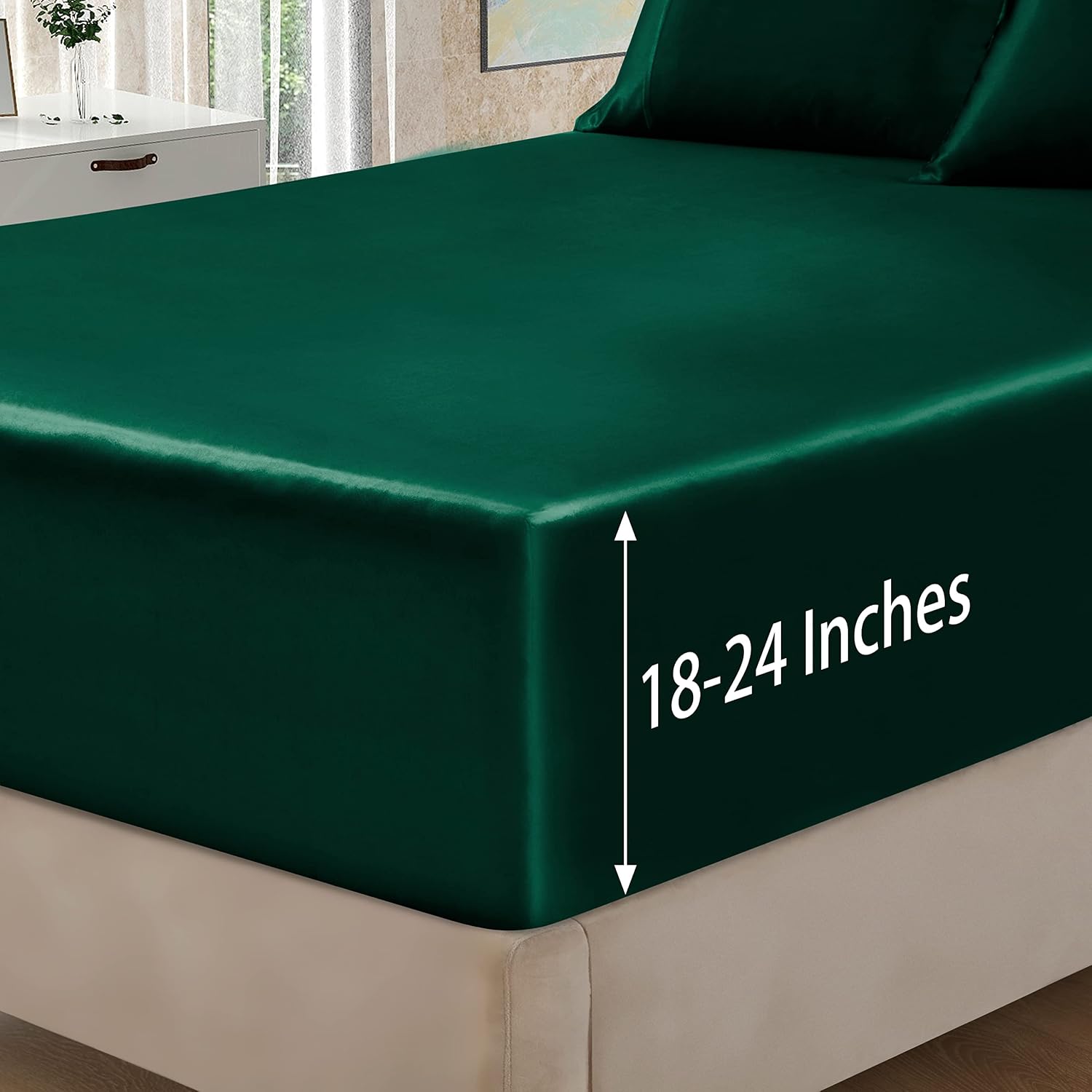 Homiest Queen Blackish Green Extra Deep Pocket Satin Sheets, 4-Piece | 18-24 Inch Pocket Depth, Silky Soft for Hair And Skin, Wrinkle And Fade Resistant, Machine Washable, Elegant Glossy Finish - Image 4