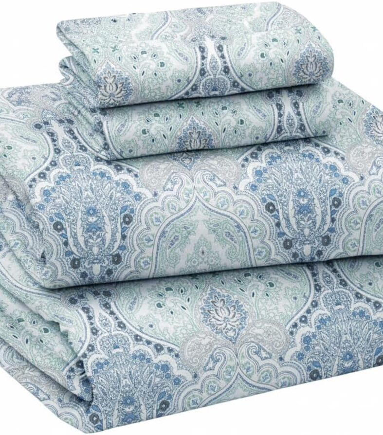 Briarwood Home Printed Flannel Sheet Set, 100% Natural Cotton, Soft, Warm & Deep Pocket, Advanced Nano-Tech Resistance to Pilling, Brushed 6 Times for Softness, Damask Navy, Queen, 4 Piece