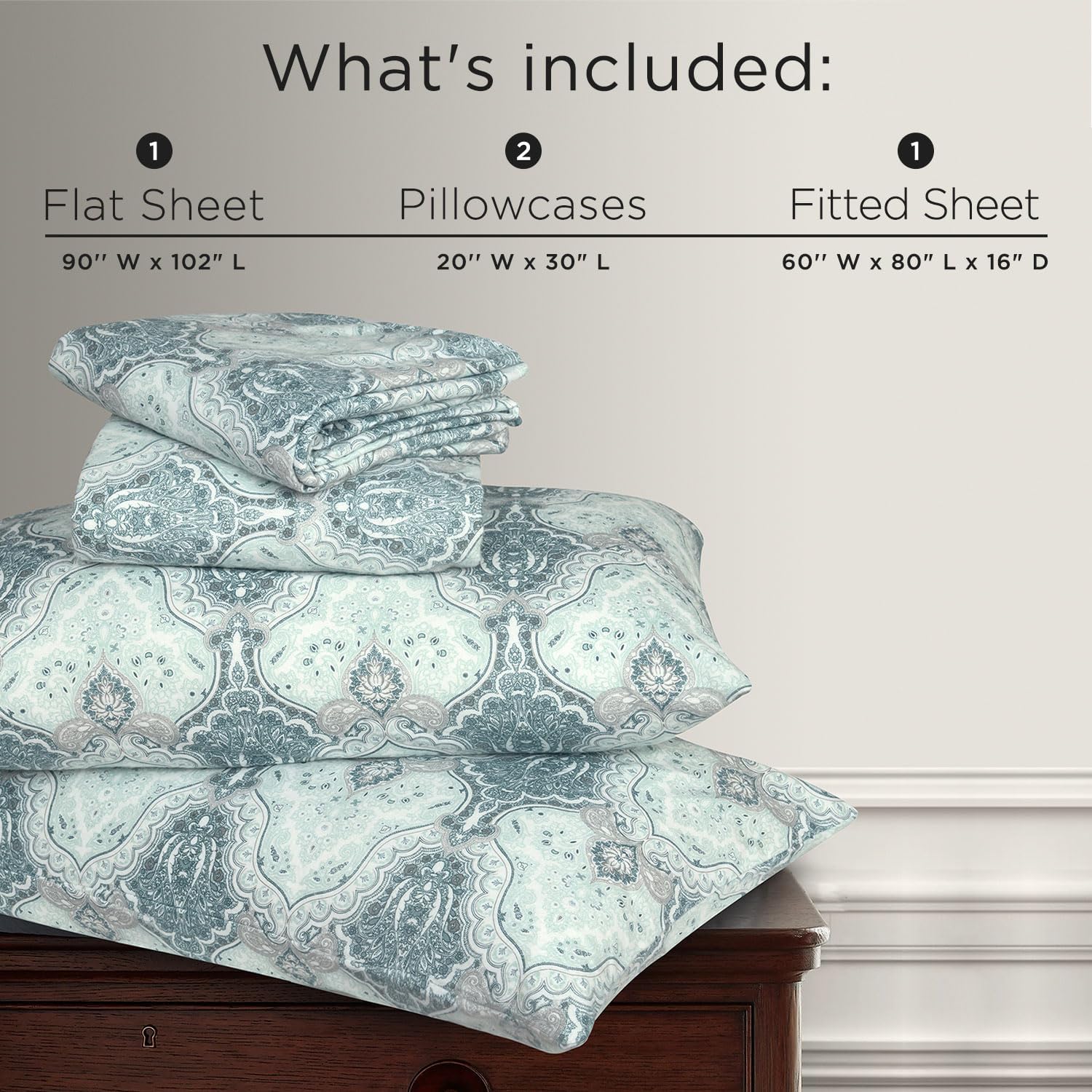 Briarwood Home Printed Flannel Sheet Set, 100% Natural Cotton, Soft, Warm & Deep Pocket, Advanced Nano-Tech Resistance to Pilling, Brushed 6 Times for Softness, Damask Navy, Queen, 4 Piece - Image 4