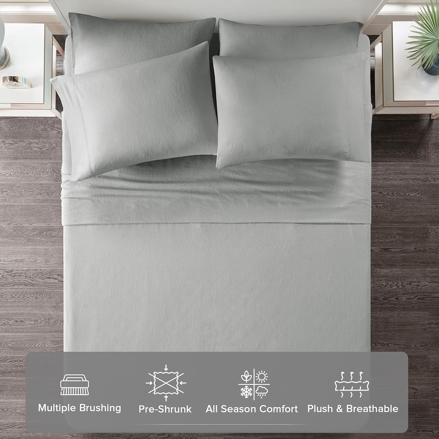 Comfort Spaces 100% Cotton Flannel Sheets Queen Size, Ultra Soft, 4 Pcs | Breathable, Deep Pocket, Warm Sheet Set for Cold Weather, Fitted Sheet, Flat Sheet and 2 Pillowcases, Solid Grey - Image 4