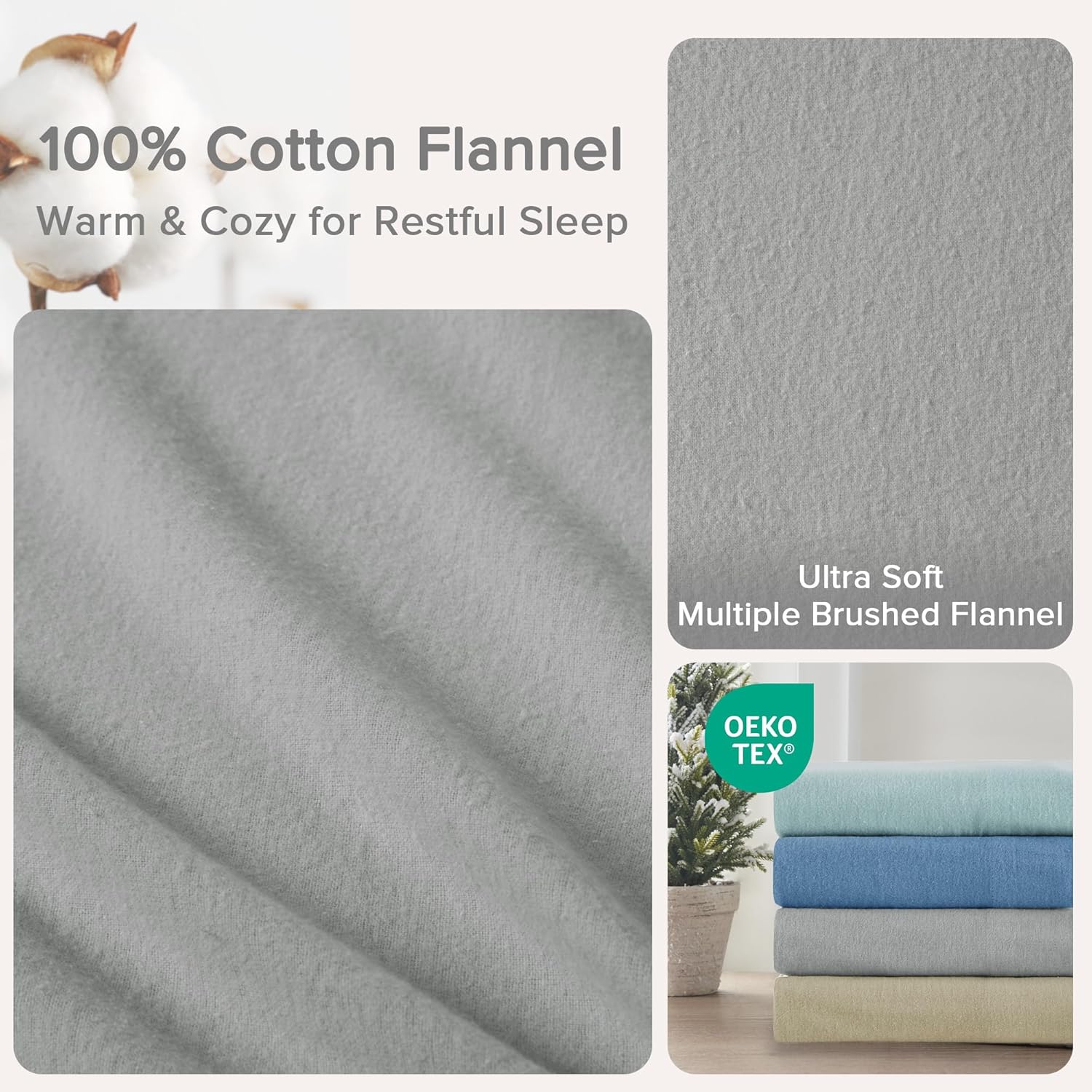 Comfort Spaces 100% Cotton Flannel Sheets Queen Size, Ultra Soft, 4 Pcs | Breathable, Deep Pocket, Warm Sheet Set for Cold Weather, Fitted Sheet, Flat Sheet and 2 Pillowcases, Solid Grey - Image 5