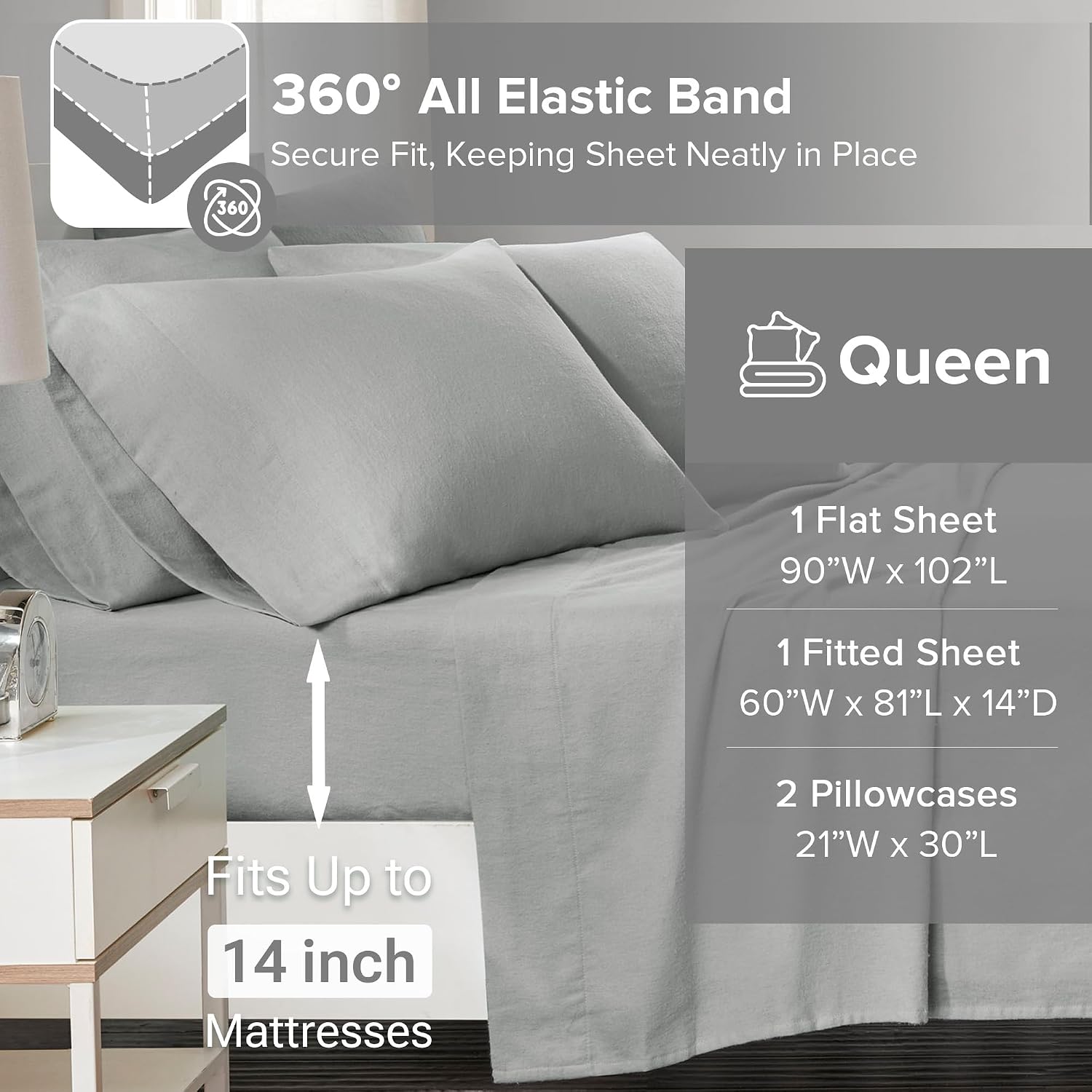 Comfort Spaces 100% Cotton Flannel Sheets Queen Size, Ultra Soft, 4 Pcs | Breathable, Deep Pocket, Warm Sheet Set for Cold Weather, Fitted Sheet, Flat Sheet and 2 Pillowcases, Solid Grey - Image 6