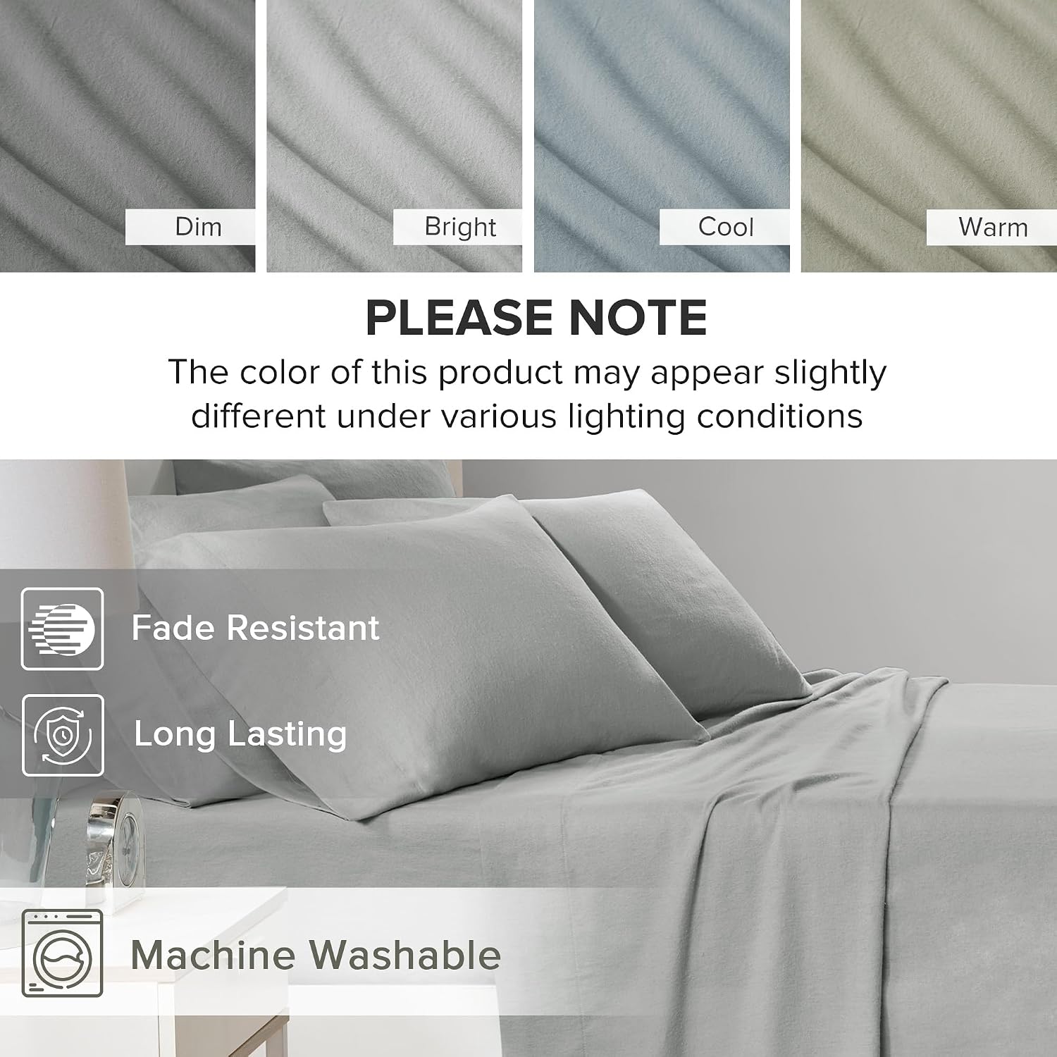 Comfort Spaces 100% Cotton Flannel Sheets Queen Size, Ultra Soft, 4 Pcs | Breathable, Deep Pocket, Warm Sheet Set for Cold Weather, Fitted Sheet, Flat Sheet and 2 Pillowcases, Solid Grey - Image 9