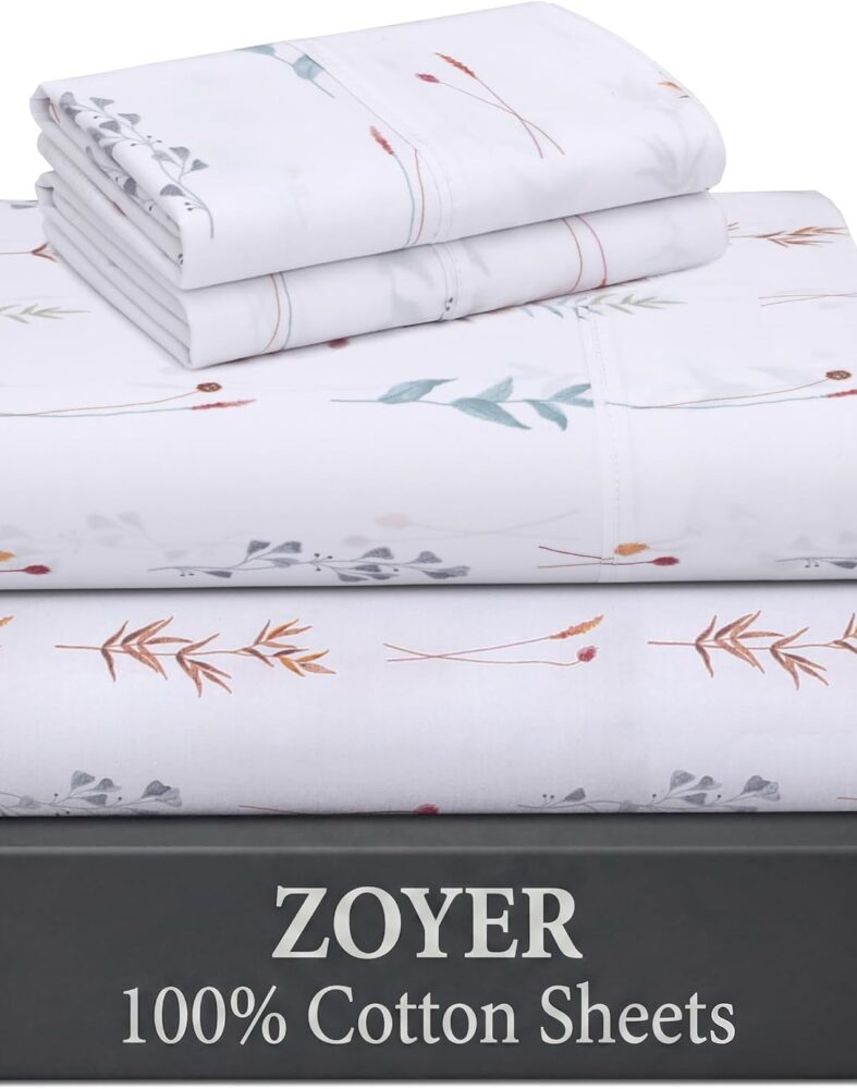 ZOYER 100% Cotton Percale Sheets Queen – Cooling Breathable Bed Sheets for Hot Sleepers, Crisp Hotel Style Bedding, Deep Pocket 16”, Lightweight Soft Durable 4 Pcs Sheet Set, Fairy Meadows