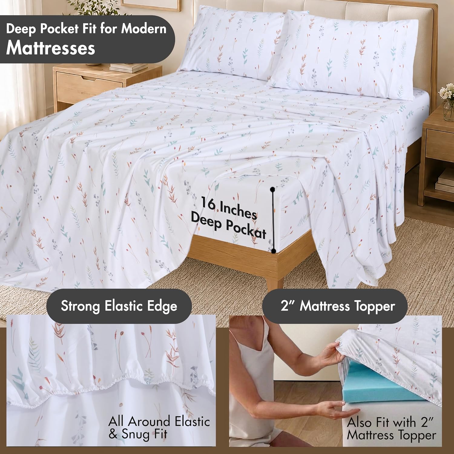 ZOYER 100% Cotton Percale Sheets Queen – Cooling Breathable Bed Sheets for Hot Sleepers, Crisp Hotel Style Bedding, Deep Pocket 16”, Lightweight Soft Durable 4 Pcs Sheet Set, Fairy Meadows - Image 6