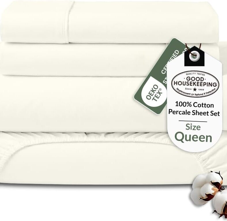 ROYALE LINENS 100% Organic Cotton Queen Sheet Set - Percale Weave - 4 Pieces Set - 1 Flat, 1 Deep Pocket Fitted Sheet and 2 Pillowcases - Ivory Bed Sheets - Sábanas Queen - Crisp Cool (Ivory)