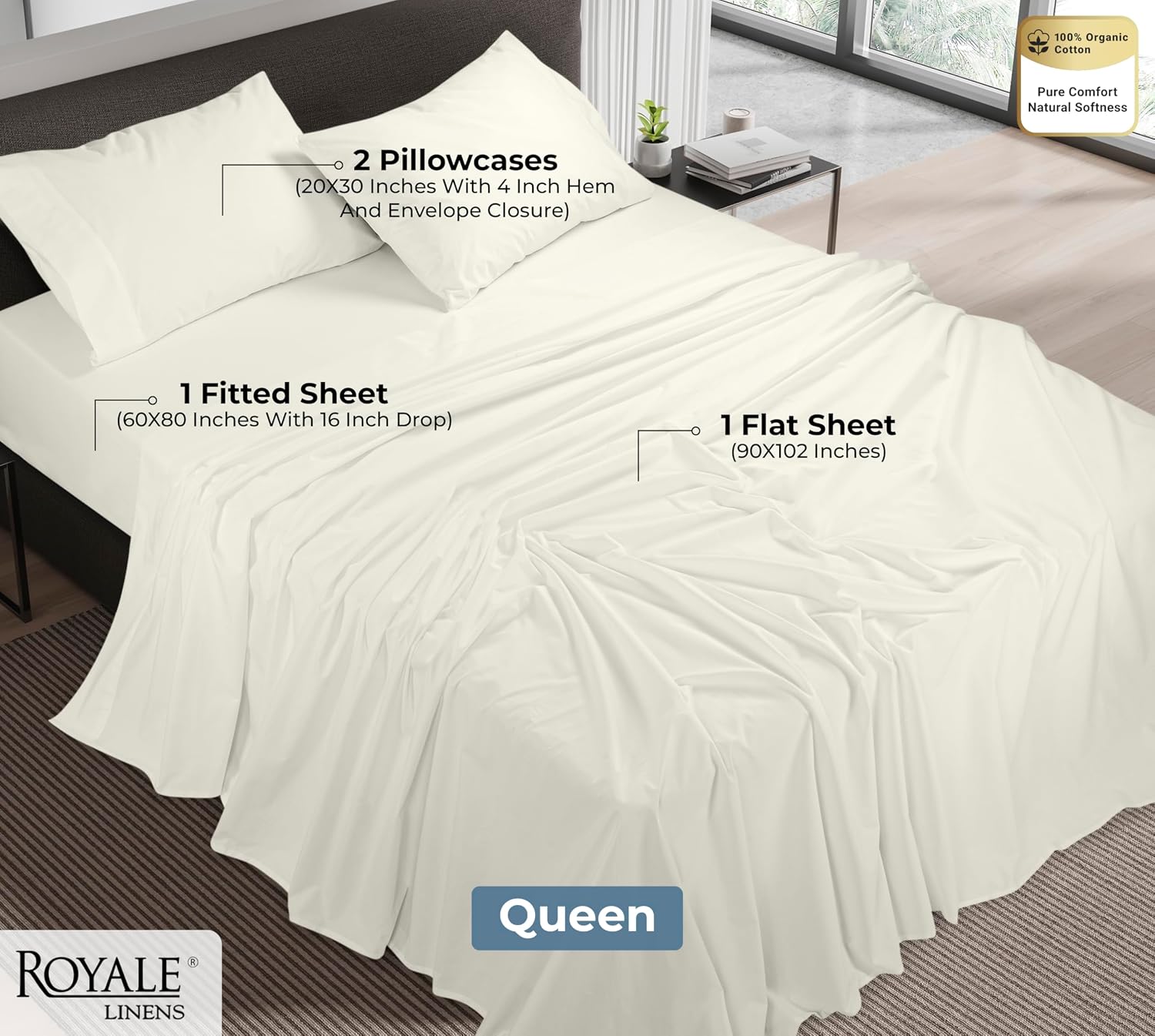 ROYALE LINENS 100% Organic Cotton Queen Sheet Set - Percale Weave - 4 Pieces Set - 1 Flat, 1 Deep Pocket Fitted Sheet and 2 Pillowcases - Ivory Bed Sheets - Sábanas Queen - Crisp Cool (Ivory) - Image 2