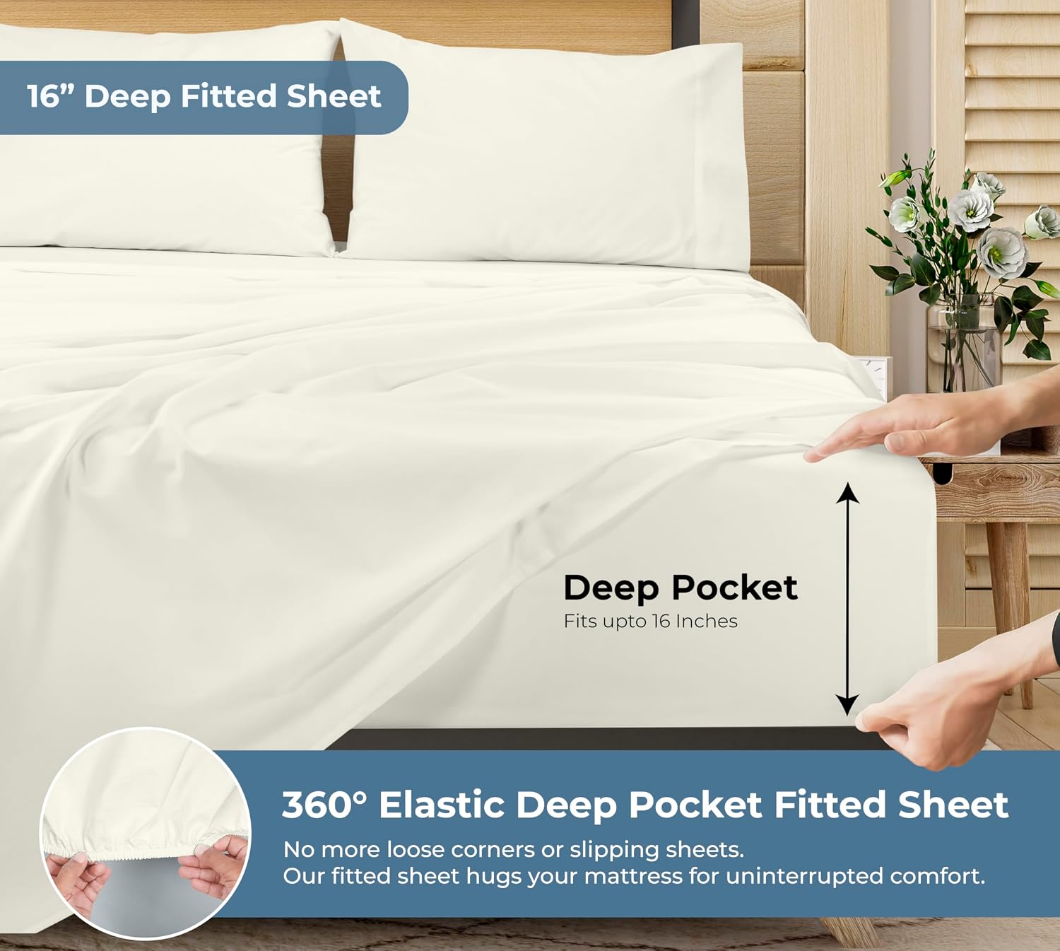 ROYALE LINENS 100% Organic Cotton Queen Sheet Set - Percale Weave - 4 Pieces Set - 1 Flat, 1 Deep Pocket Fitted Sheet and 2 Pillowcases - Ivory Bed Sheets - Sábanas Queen - Crisp Cool (Ivory) - Image 3