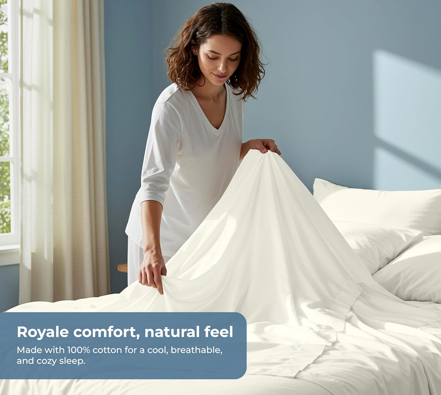 ROYALE LINENS 100% Organic Cotton Queen Sheet Set - Percale Weave - 4 Pieces Set - 1 Flat, 1 Deep Pocket Fitted Sheet and 2 Pillowcases - Ivory Bed Sheets - Sábanas Queen - Crisp Cool (Ivory) - Image 4