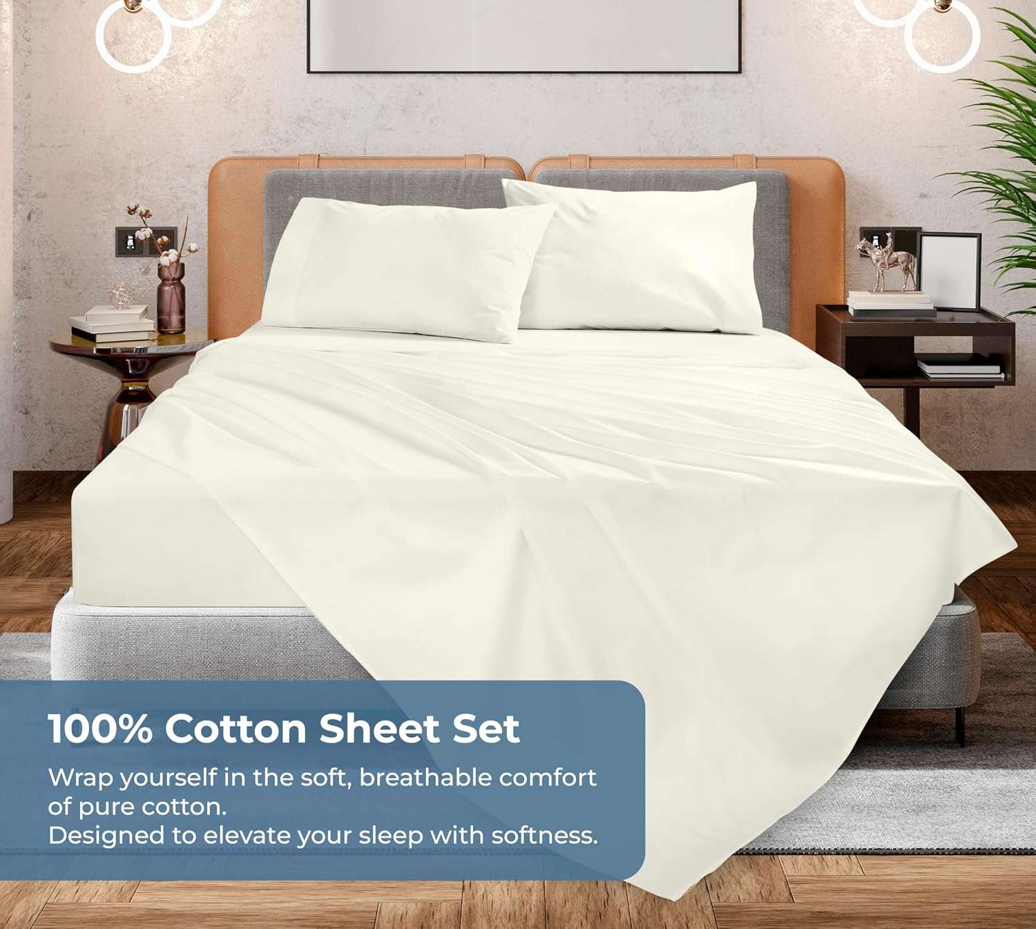 ROYALE LINENS 100% Organic Cotton Queen Sheet Set - Percale Weave - 4 Pieces Set - 1 Flat, 1 Deep Pocket Fitted Sheet and 2 Pillowcases - Ivory Bed Sheets - Sábanas Queen - Crisp Cool (Ivory) - Image 9